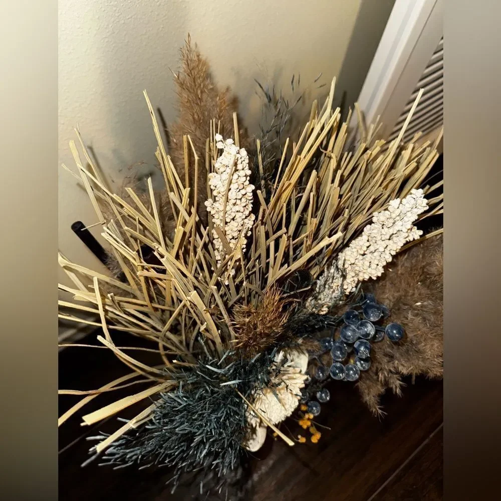 Stunning Dried Floral Arrangement in Blue- Green Glass Vase handmade in Spain